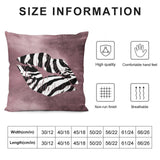 Dusty rose plush pillow cover with zebra lips design, soft and fluffy, with size information