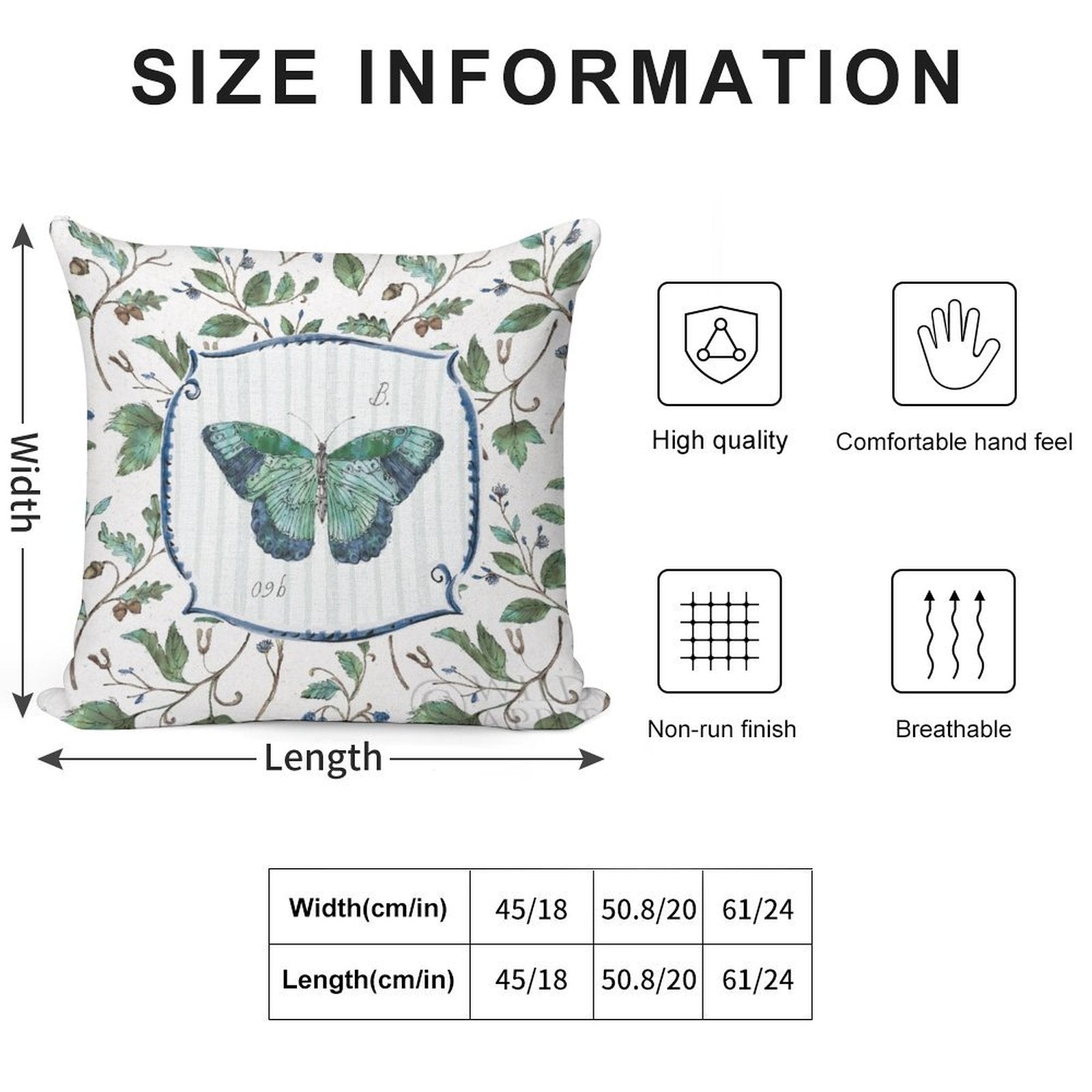 Butterfly design pillow case with size info, high quality, breathable, comfortable. Personalized living room decor.