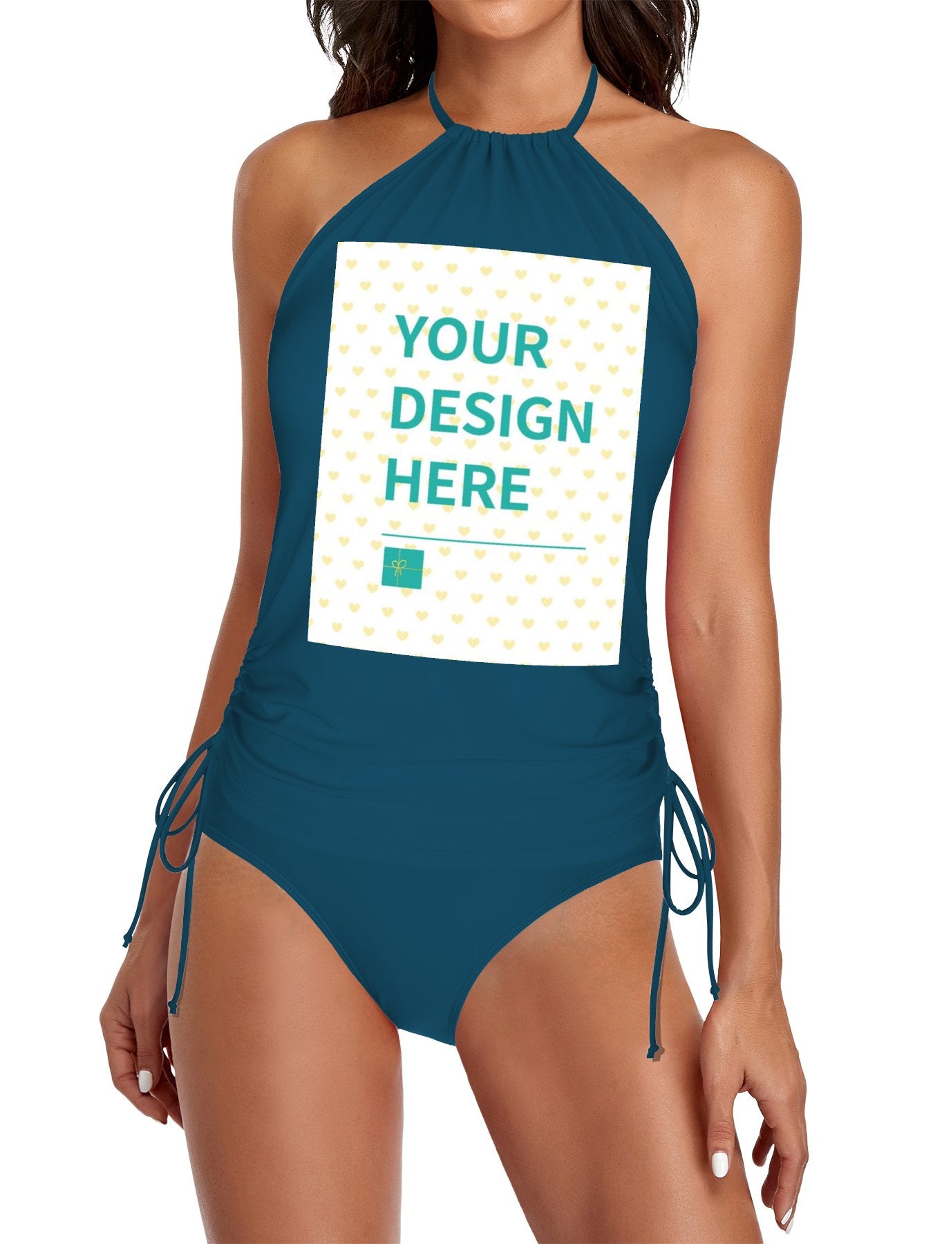 Teal halter swimsuit for women with YOUR DESIGN HERE, personalized swimwear, custom design