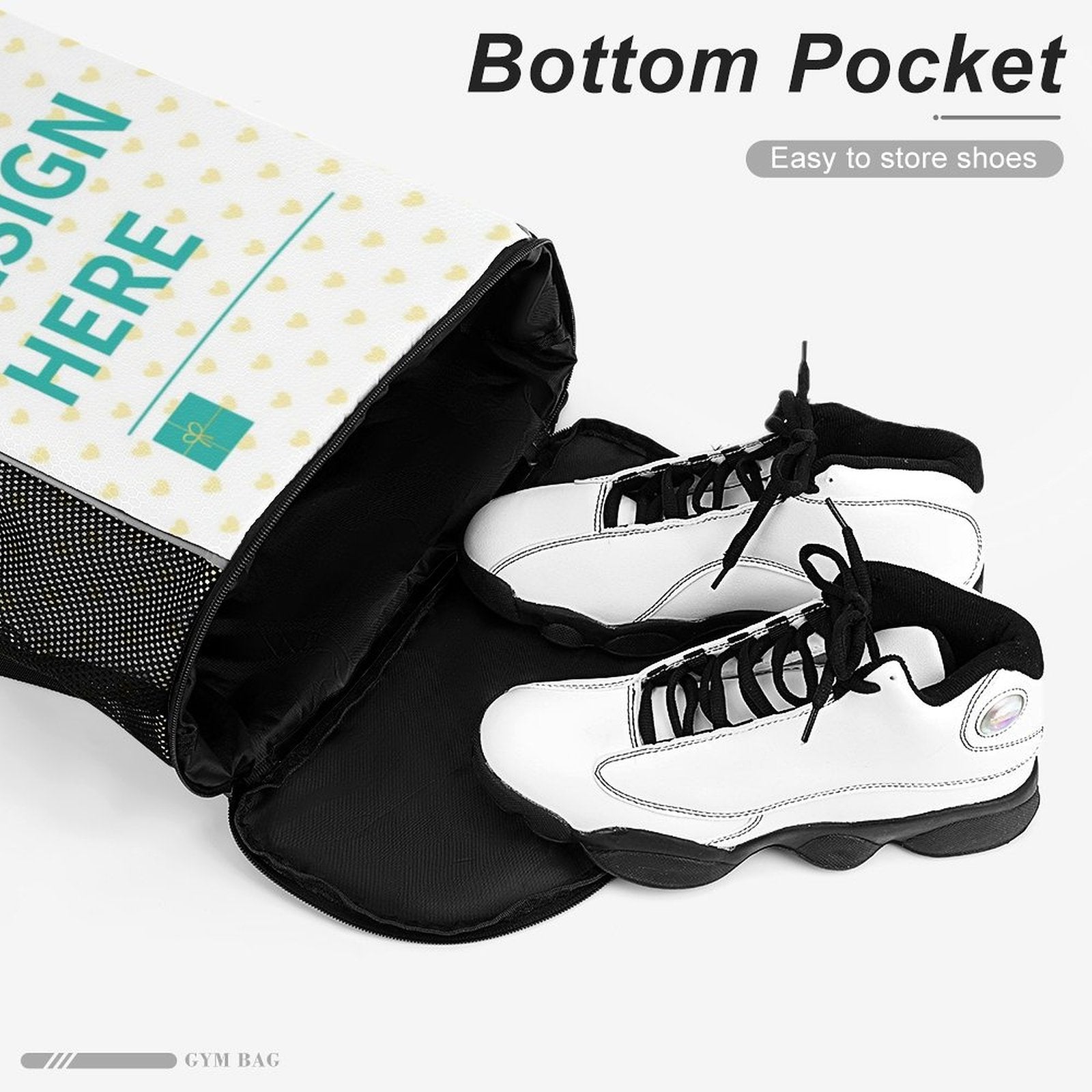 Custom gym drawstring bag with bottom pocket, storing shoes. Features 'SIGN HERE' design, for travel and sport.