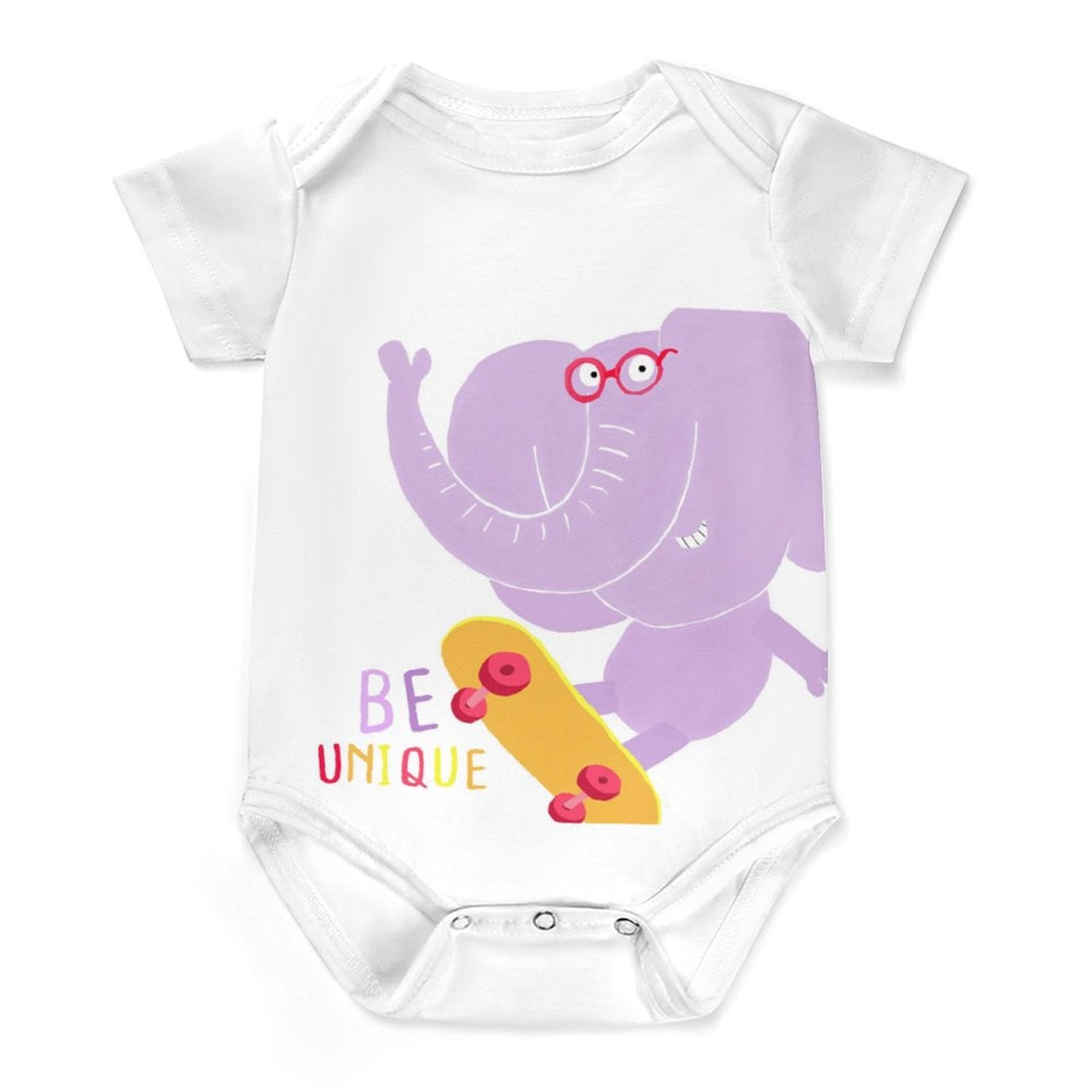 MyArtsyGift Climbing Infant Bodysuit with purple elephant on a skateboard and 'BE UNIQUE' design