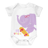 MyArtsyGift Climbing Infant Bodysuit with purple elephant on a skateboard and 'BE UNIQUE' design