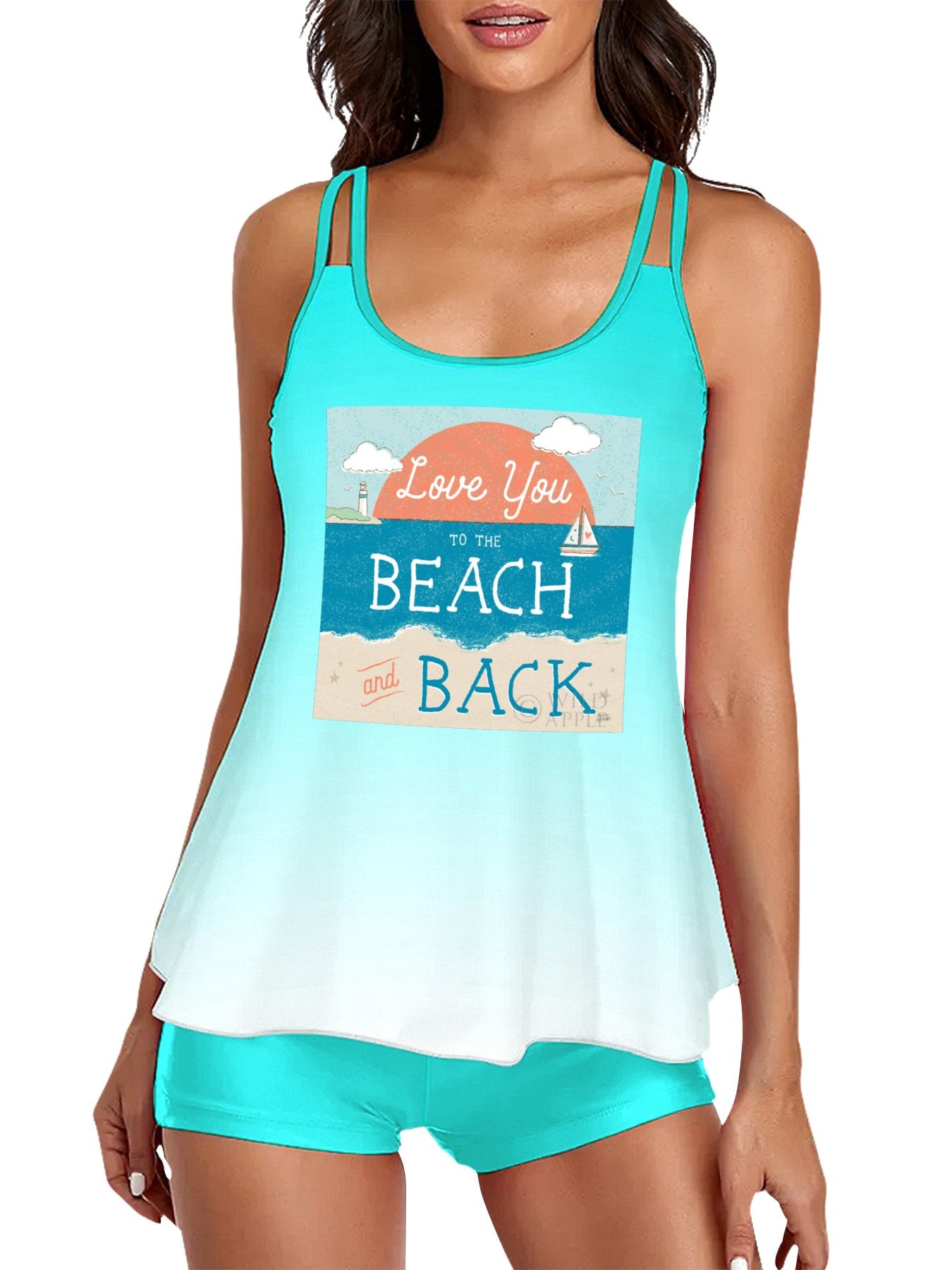 Women's tankini swimsuit with 'Love You to the Beach and Back' beach graphic in turquoise, perfect for vacations