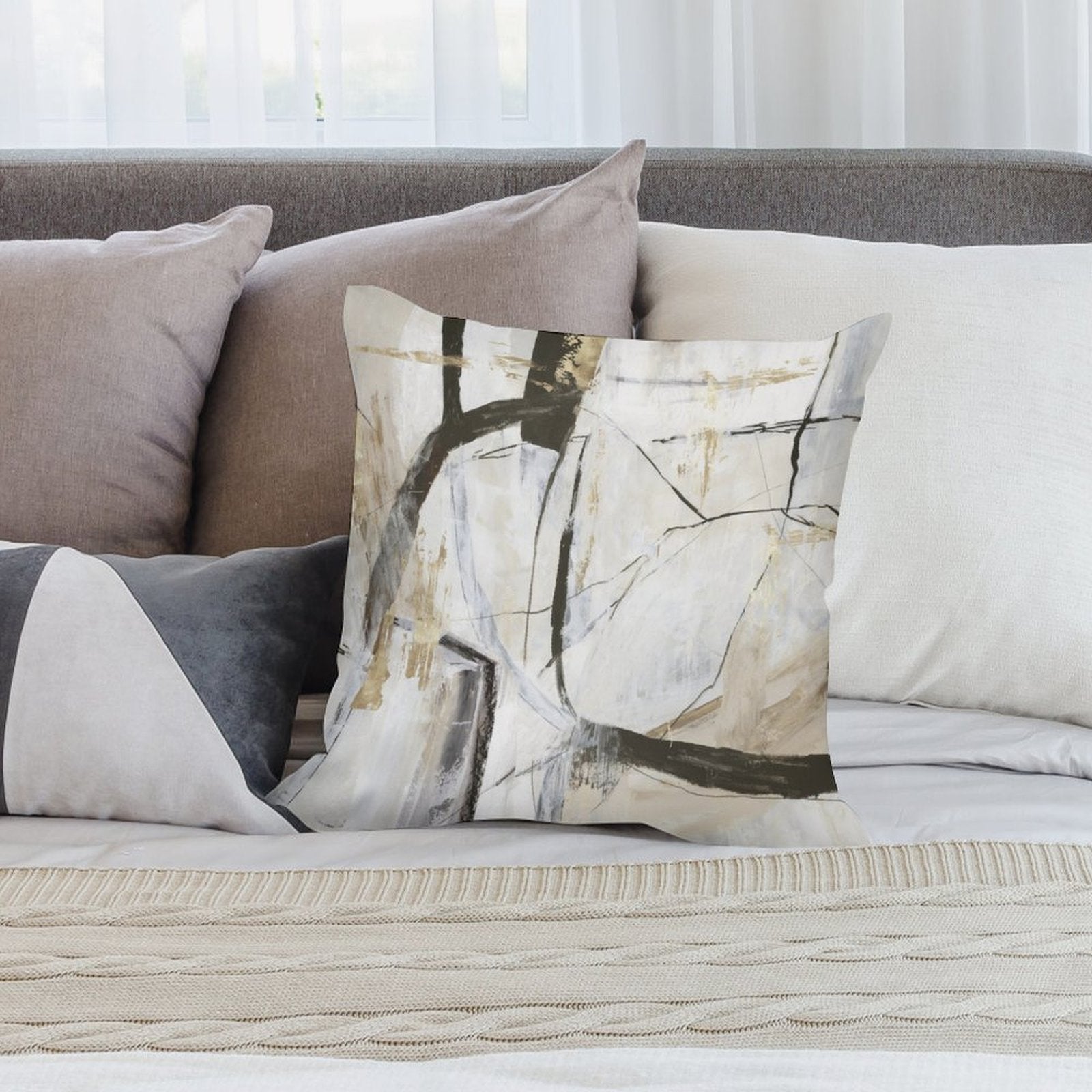 Abstract art throw pillow cover on bed, neutral colors, short plush, for sofa, couch, or living room. Decorative pillow.