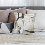 Abstract art throw pillow cover on bed, neutral colors, short plush, for sofa, couch, or living room. Decorative pillow.