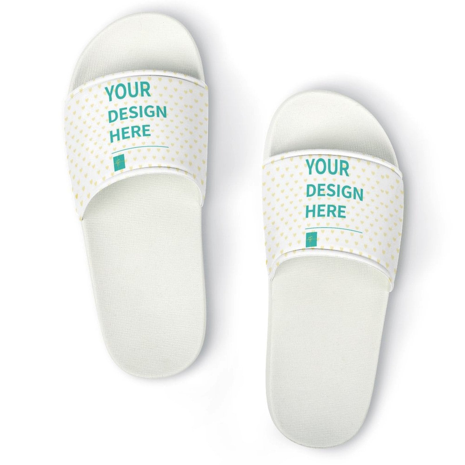 Custom slide slippers with white base, black sole, "YOUR DESIGN HERE" design on white strap for men and women. PVC material