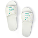 Custom slide slippers with white base, black sole, "YOUR DESIGN HERE" design on white strap for men and women. PVC material