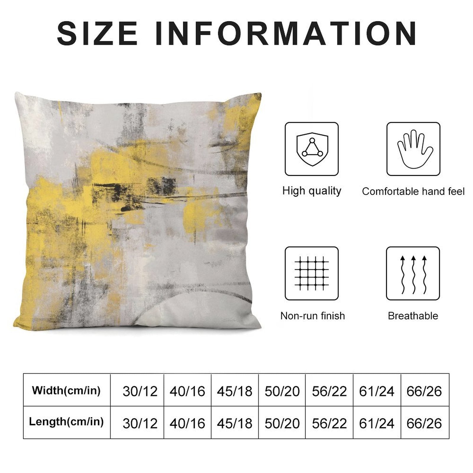 Abstract art plush pillow cover with yellow and gray paint strokes, for sofa decor. Size and features information