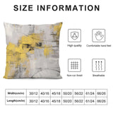 Abstract throw pillow cover with yellow, gray, and black design. Soft, comfortable material with size details.