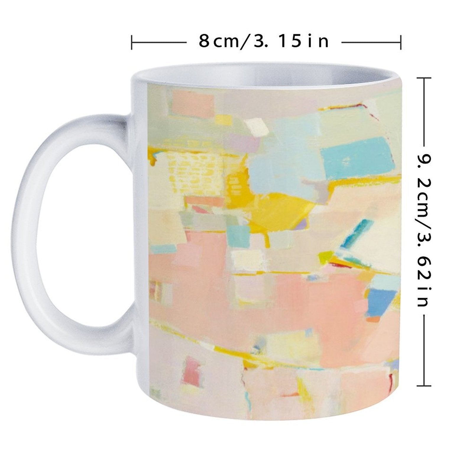 White ceramic mug with colorful abstract art, perfect for gifts and home use, featuring durable design.