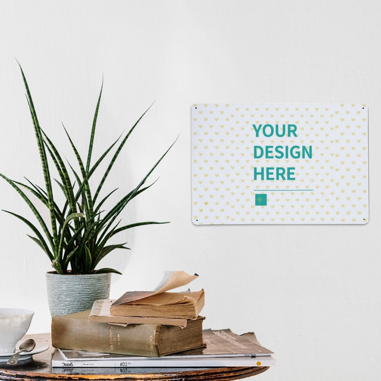 Custom aluminum sign with 'YOUR DESIGN HERE' message, perfect for wall, home, or office.