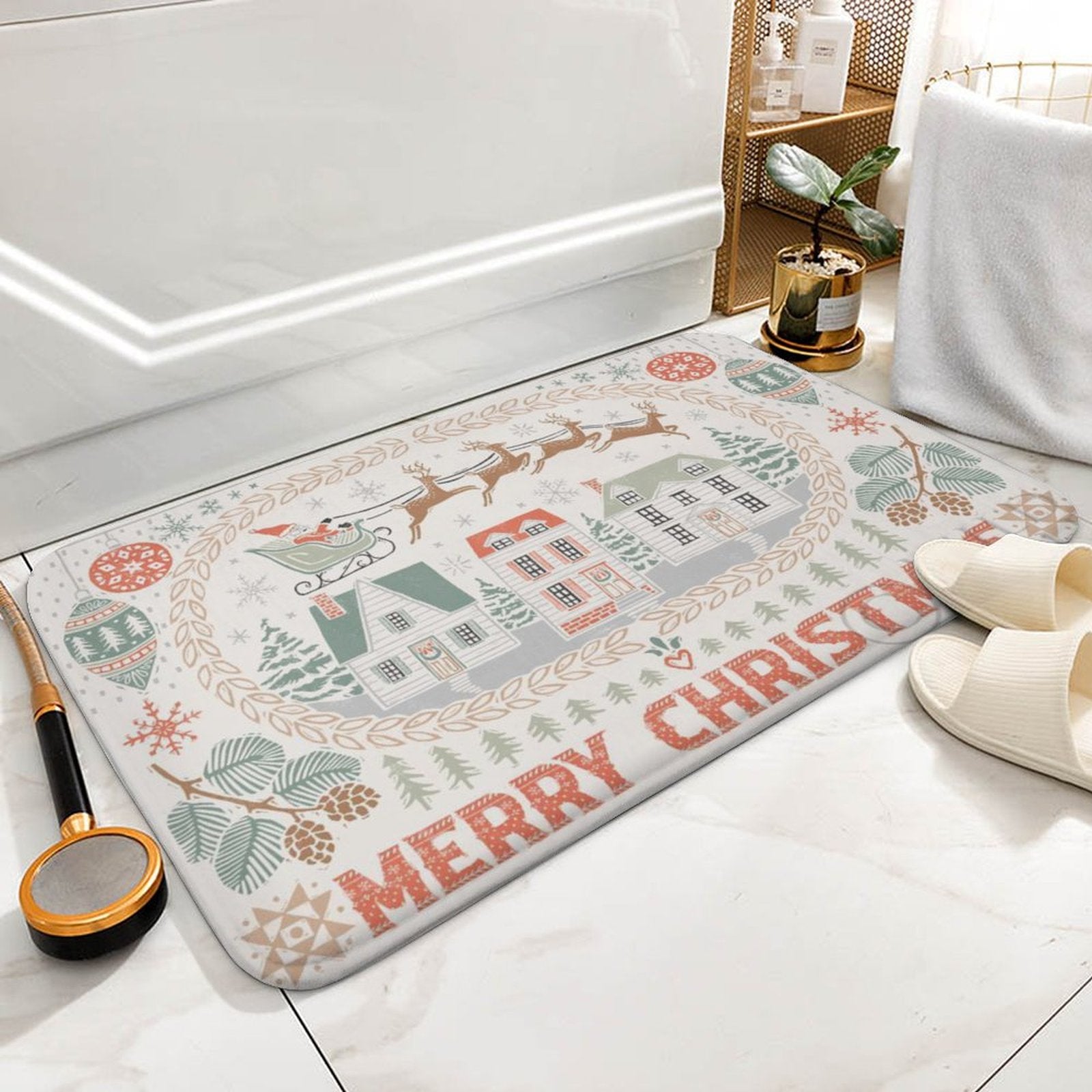 Coral velvet Merry Christmas bath rug, non-slip, for bathroom, kitchen, or bedroom