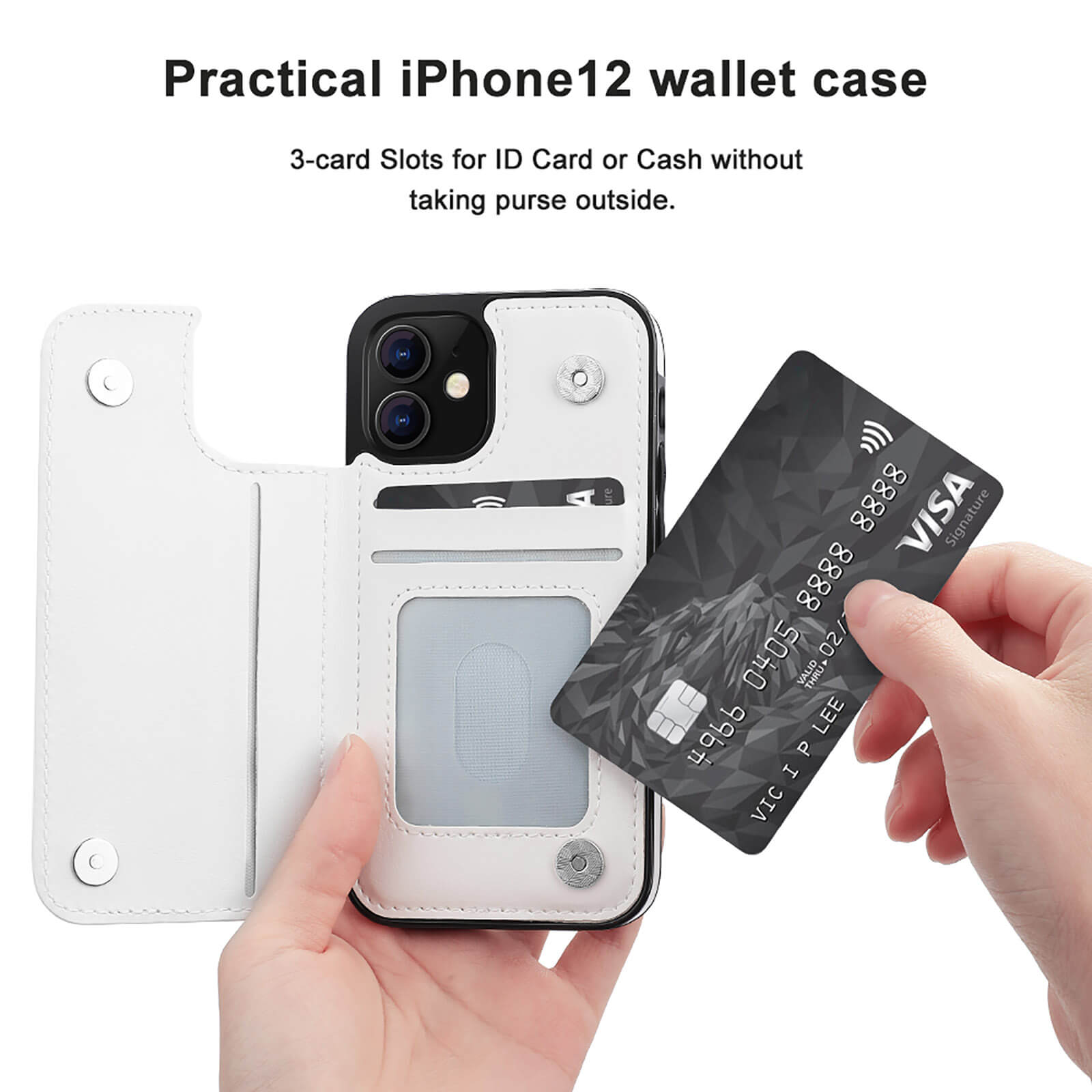 White iPhone 12 wallet case with card slots, showing a VISA card. Practical design for easy access.