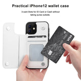 White iPhone 12 wallet case with card slots, showing a VISA card. Practical design for easy access.
