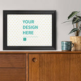 Custom canvas print with 'YOUR DESIGN HERE' text, black frame, personalized wall art, home decor, ideal gift.