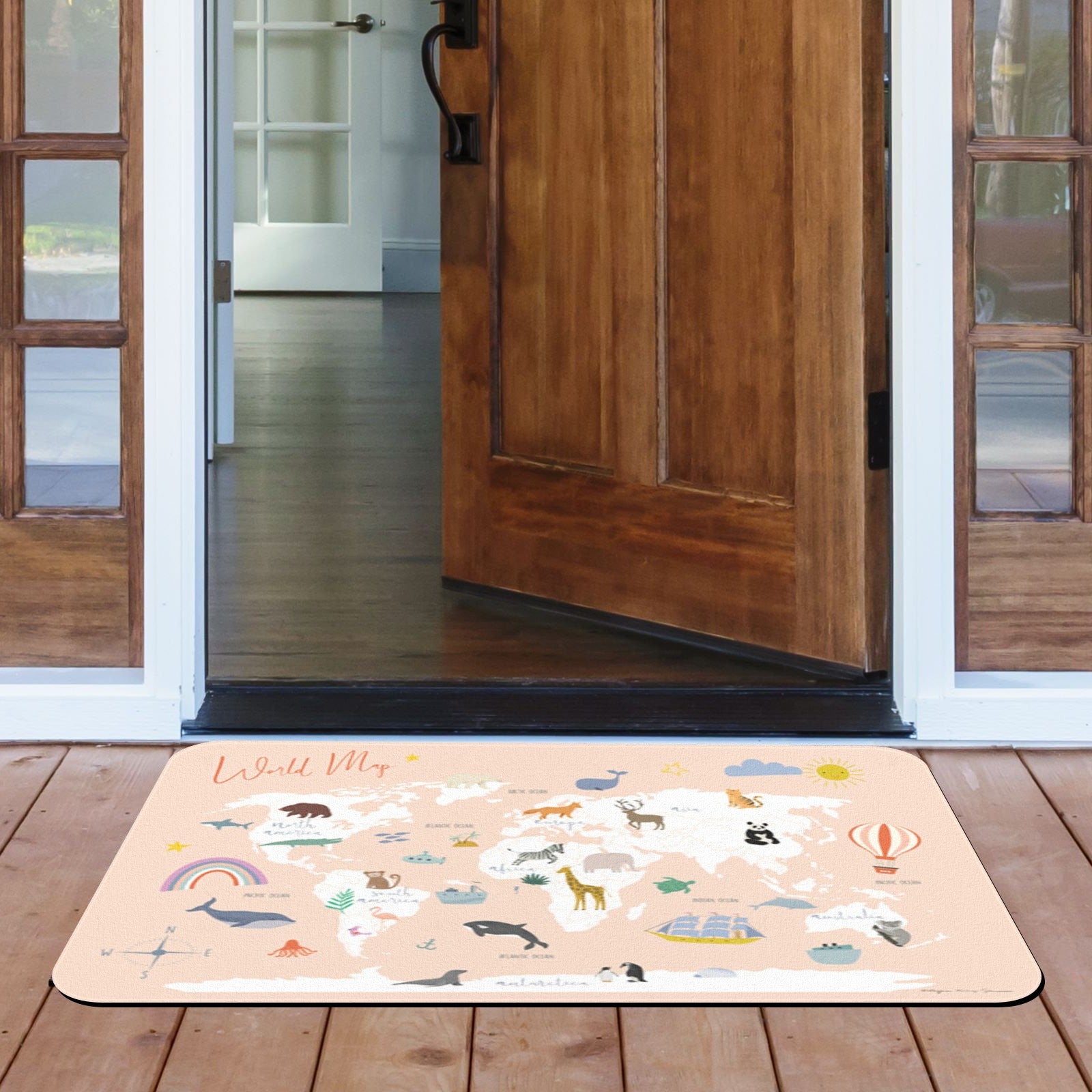 World Map entrance doormat with cute animal illustrations, suitable for indoor/outdoor use, rubber floor mat
