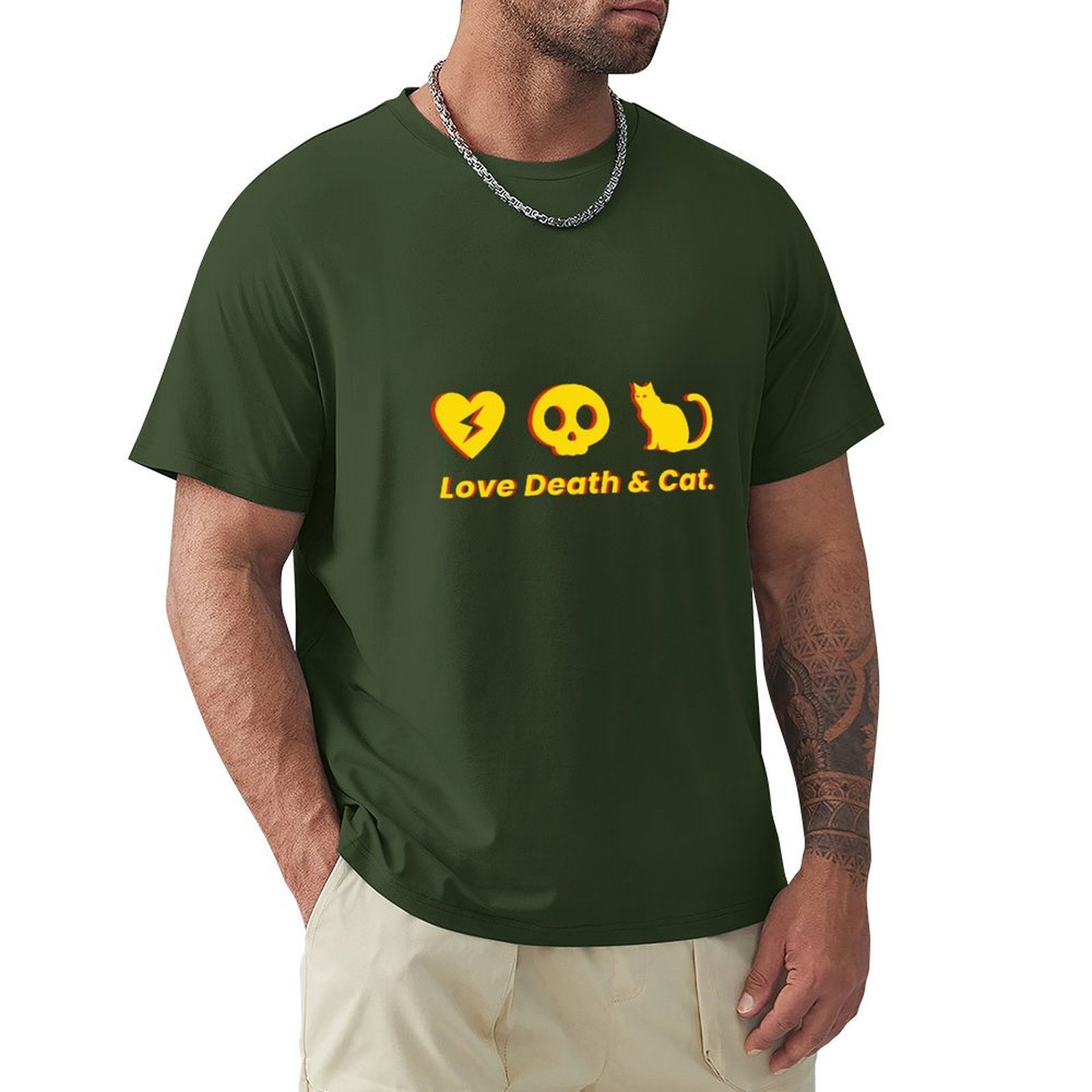 Men's green Love Death & Cat graphic tee, classic crew neck cotton t-shirt, S-6XL sizes.