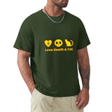 Men's green Love Death & Cat graphic tee, classic crew neck cotton t-shirt, S-6XL sizes.