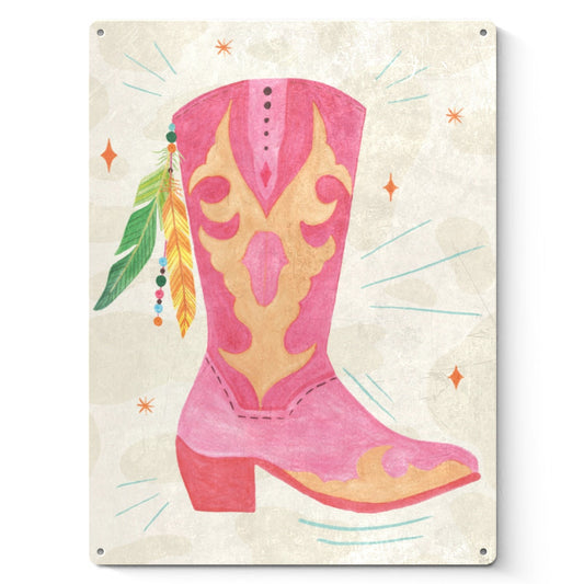 Pink cowgirl boot tin sign with feathers, home decor, made in USA