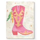 Pink cowgirl boot tin sign with feathers, home decor, made in USA