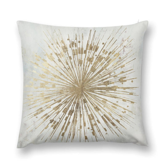 Luxury soft fluffy decorative pillow cover for sofa, couch. Gold burst design on white short plush pillowcase.