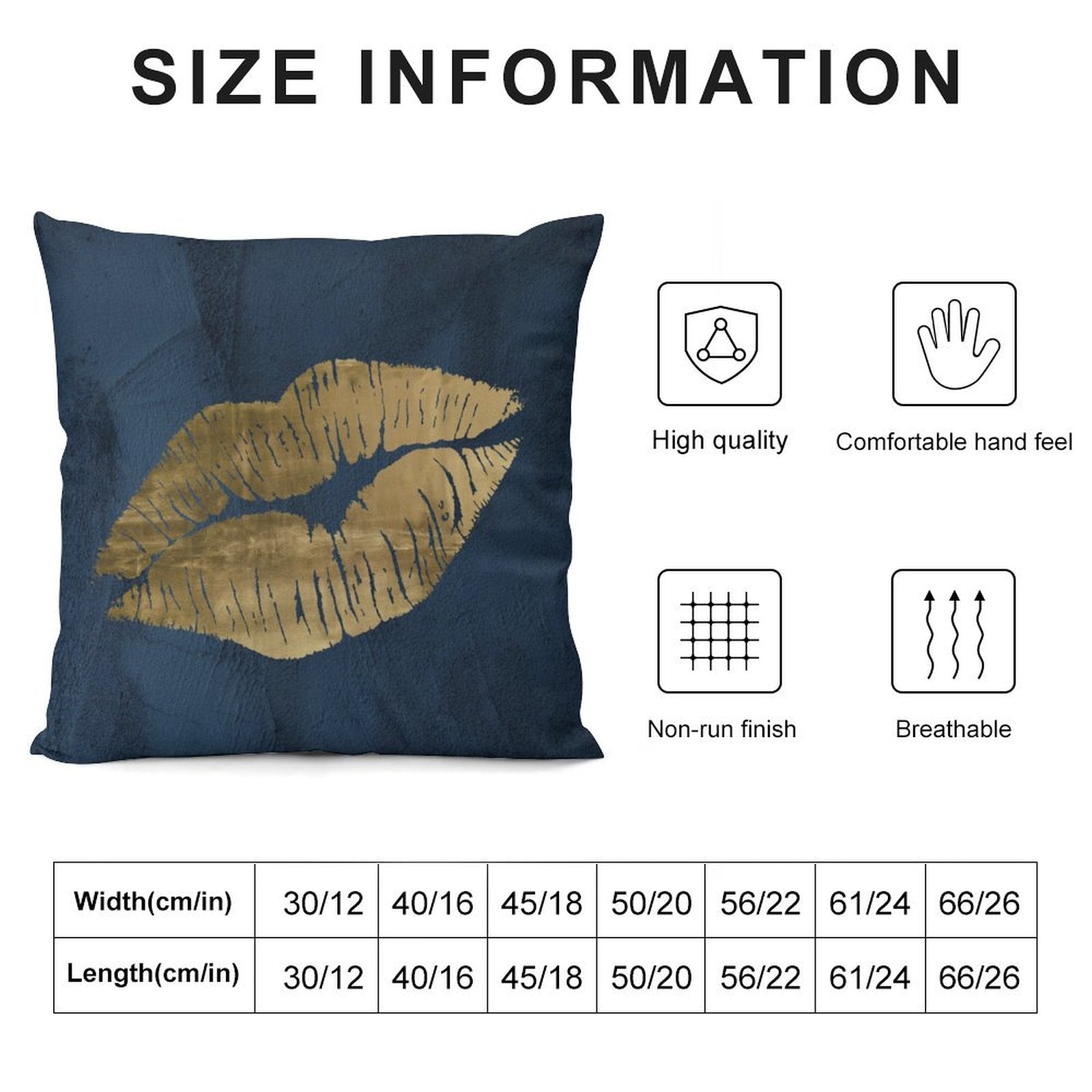 Navy blue plush pillow cover with golden lip design, size chart, high quality decorative pillow for sofa and couch.