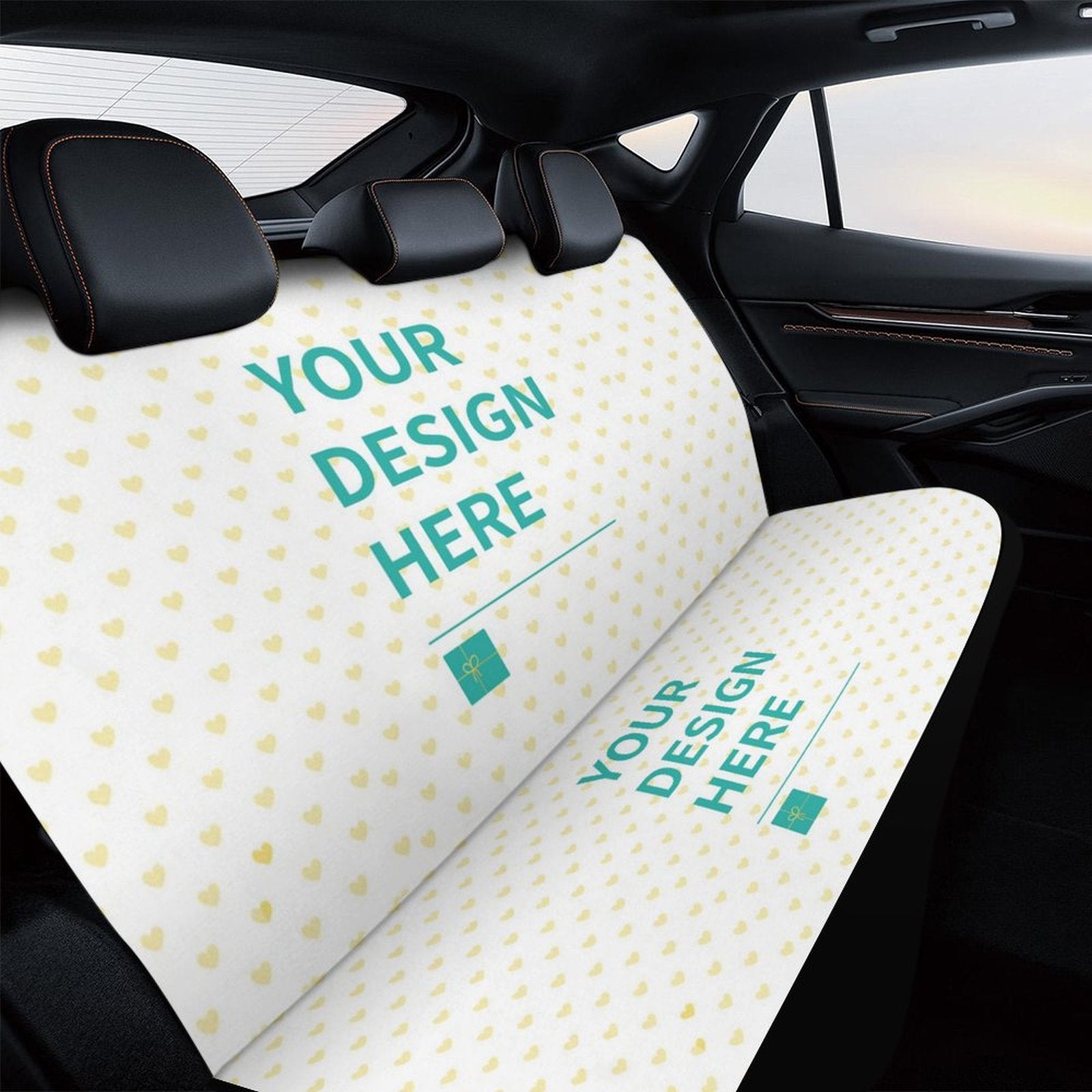 Custom car rear seat cover with 'Your Design Here' text, heart pattern. Universal bench seat cover for car SUV truck