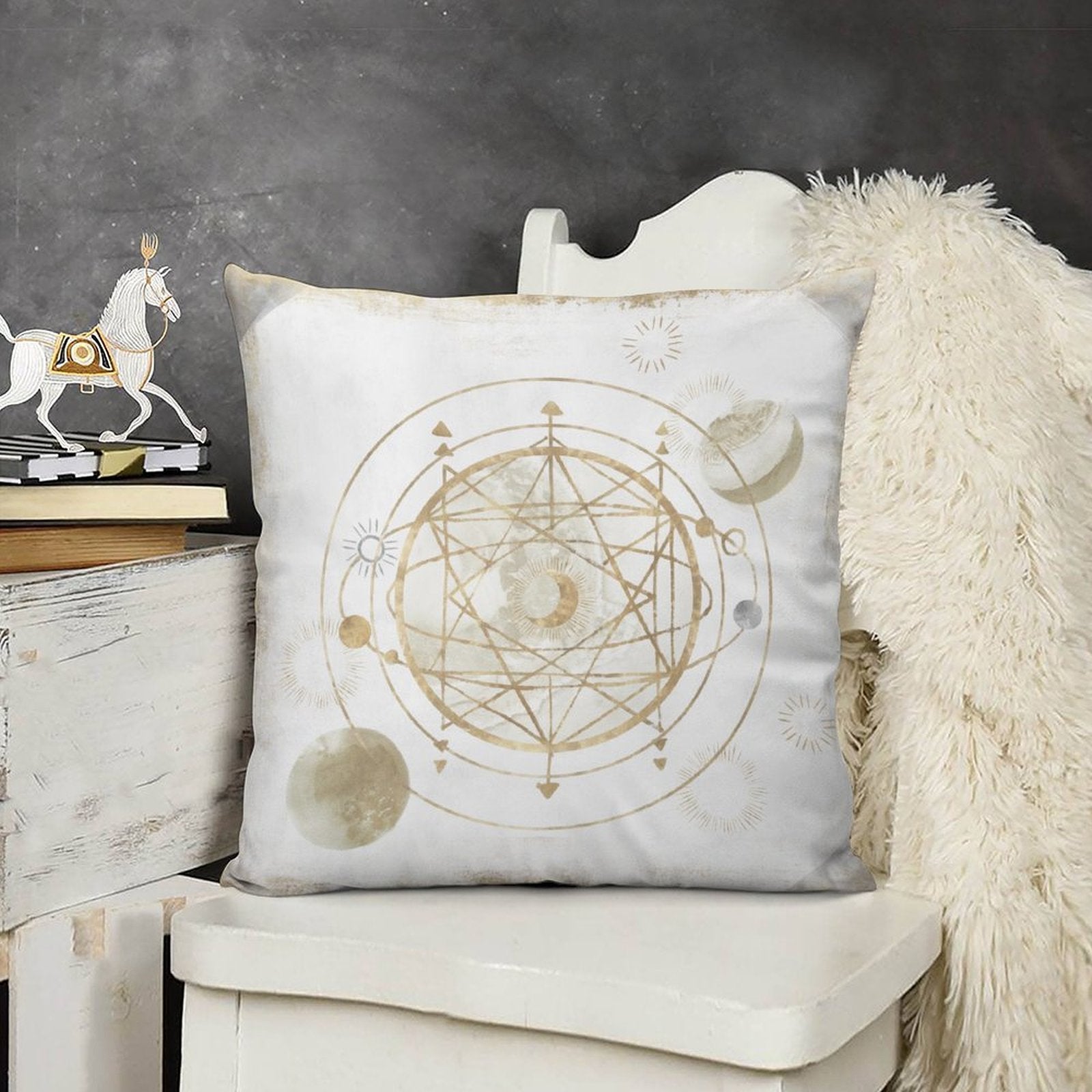 Luxury white plush pillow cover with gold celestial design, perfect for sofa and living room decor; soft and skin-friendly.
