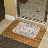 Coral velvet bath rug with 'LET IT SNOW' design, featuring snowman, deer, for bathroom