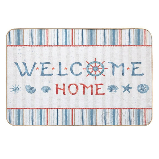 Nautical welcome home floor mat with blue and red stripes, washable door mat