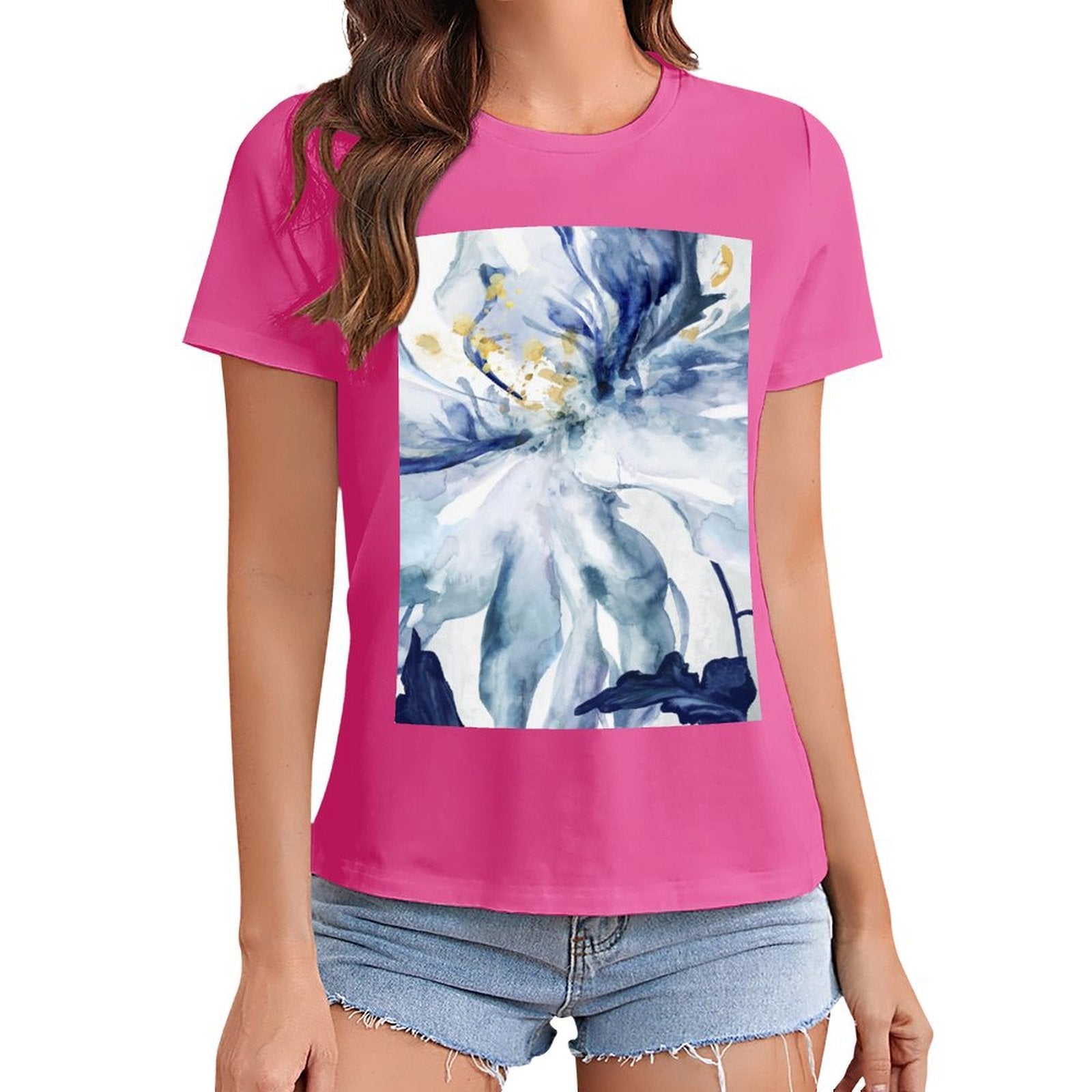 MyArtsyGift women's pink short sleeve tee featuring blue floral art print, casual wear