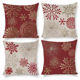 Cotton Linen Pillow Case Set of 4 with Gold and Red Snowflake Pattern