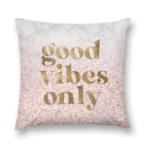 Plush throw pillow cover with 'Good Vibes Only' text on pink glitter background; home decor.