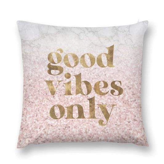 Good Vibes Only throw pillow cover, soft plush material, pink glitter design, decorative pillow for sofa or bed.