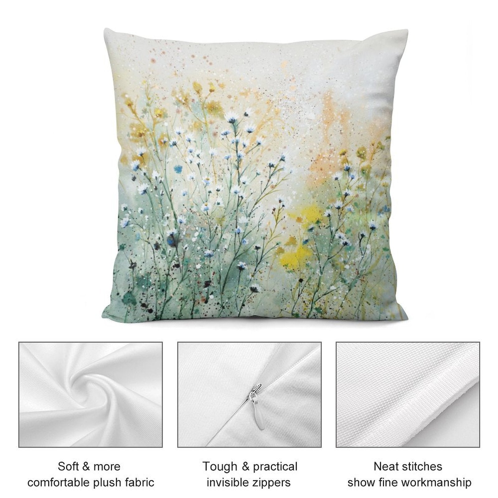 Plush throw pillow cover with watercolor wildflowers design, short plush, and invisible zippers for sofa or bed. MyArtsyGift.