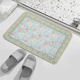 Personalized floral door mat, blue, pink, and green pattern, washable, non-slip bedroom rug, made in USA.