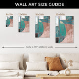 Wall art size guide featuring modern blue and brown abstract canvas art prints in various sizes, sofa size.