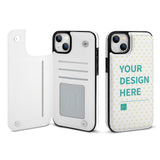 White PU leather iPhone 14 Series flip phone case with card slots and "YOUR DESIGN HERE" customization, MyArtsyGift