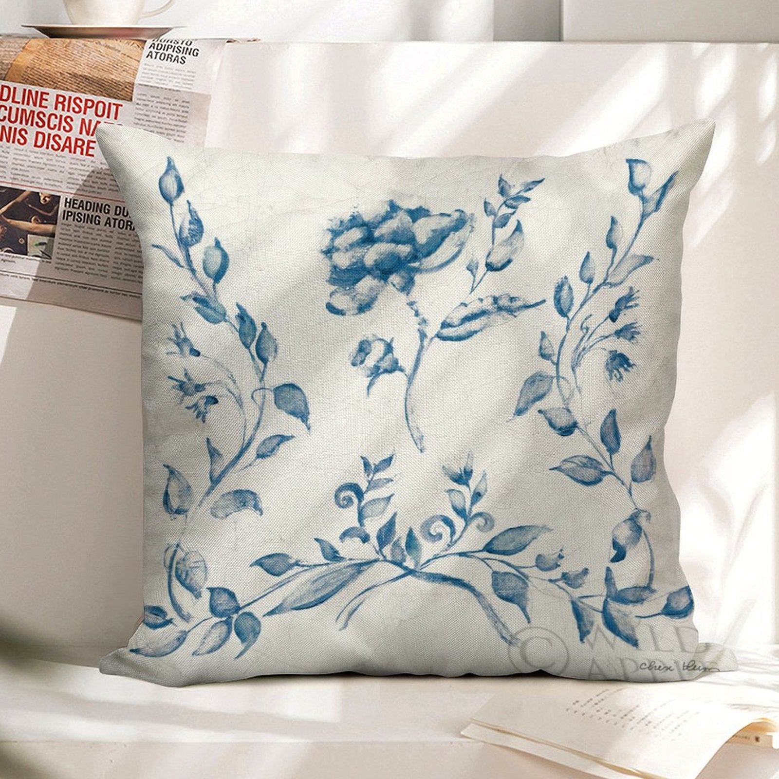 MyArtsyGift linen pillow case set of 2, blue floral Swedish tile design for living room decor, made in USA