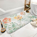 Coral velvet bath rug with watercolor floral design, non-slip bathroom rug.