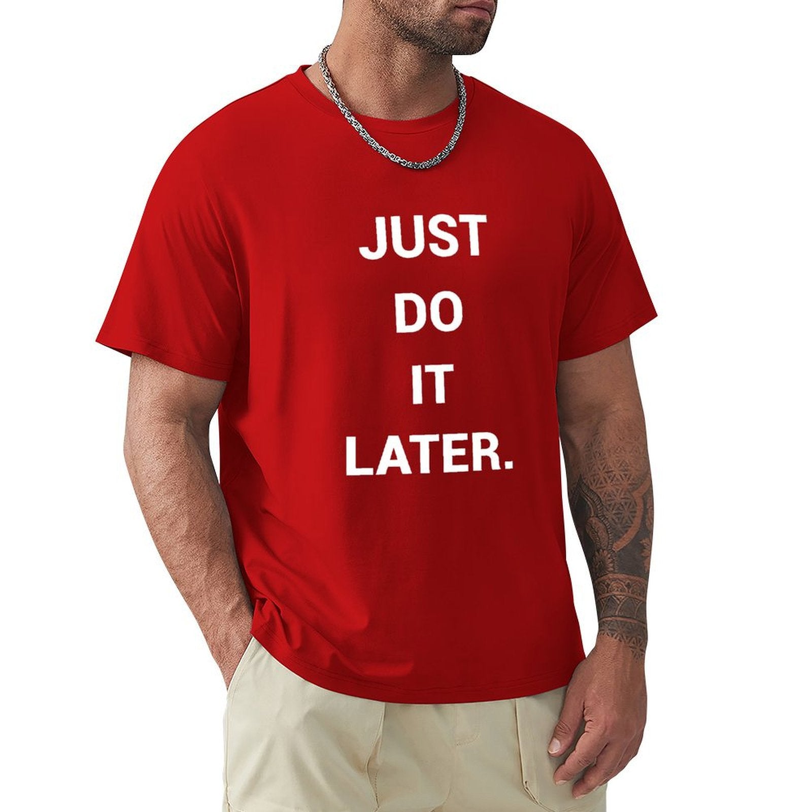Red men's t-shirt with "JUST DO IT LATER" print, comfortable cotton tee