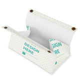 Custom PU tissue box cover, personalized rectangular design for bathroom, office or home, 'DESIGN HERE' text.