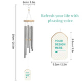 Custom wind chime with aluminum tubes, wood elements, and space for personalized design; perfect for garden or patio decor.