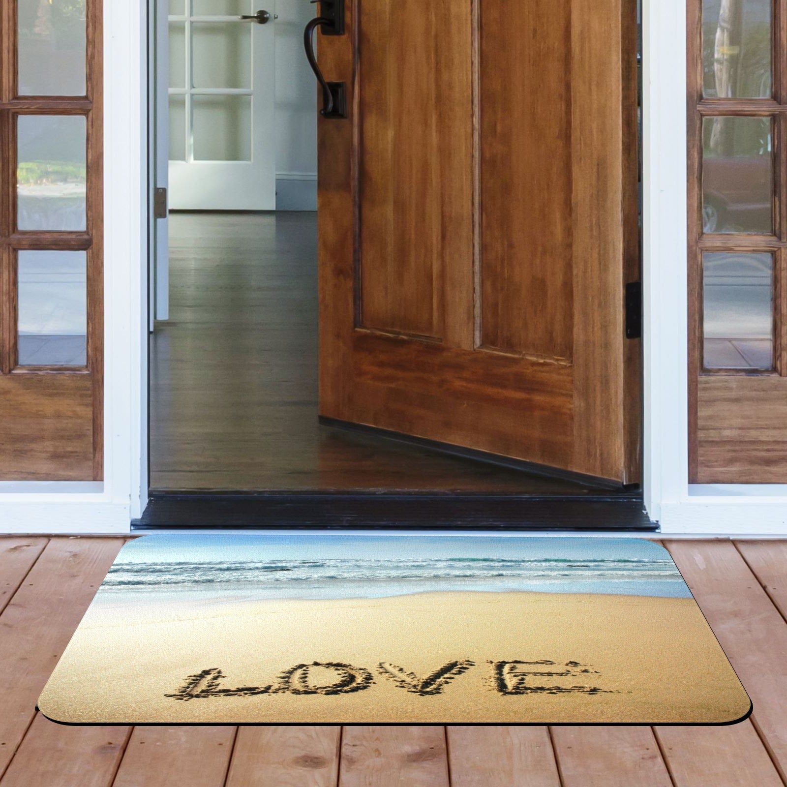 Love doormat with beach scene, welcoming entrance for home