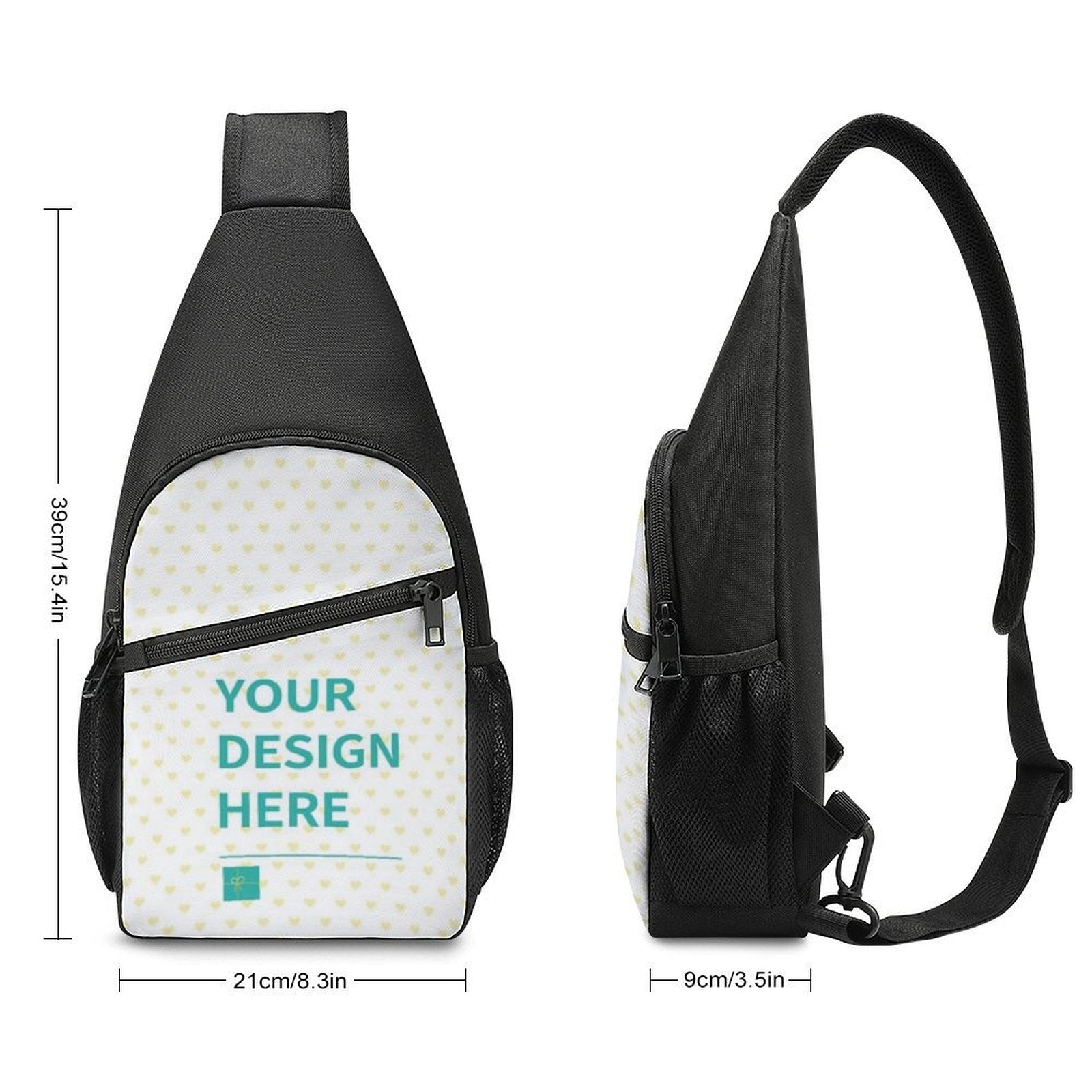 Custom sling backpack with personalized design area, black Oxford cloth and heart pattern.