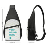 Custom sling backpack with personalized design area, black Oxford cloth and heart pattern.