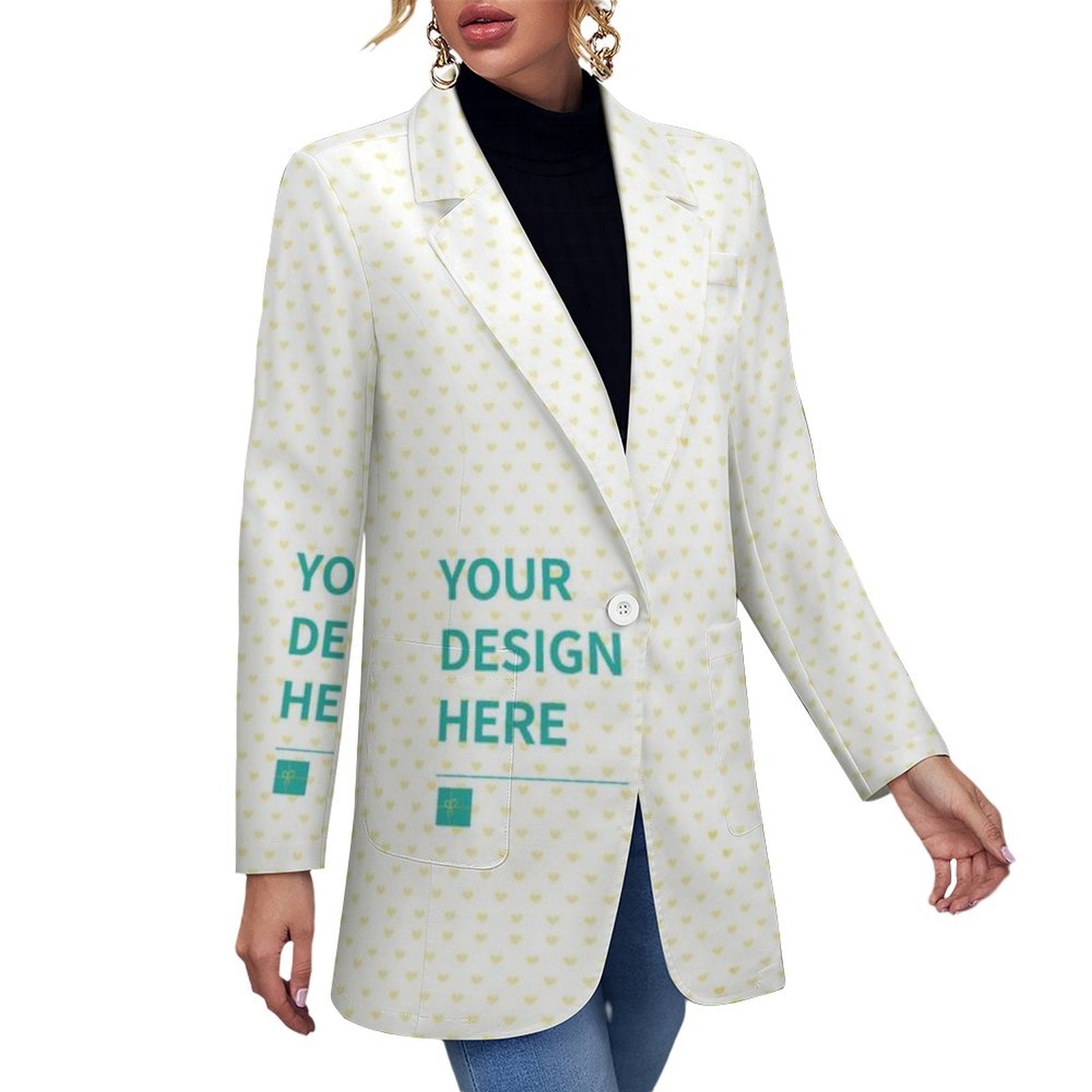 Customizable women's casual blazer with heart pattern; features "YOUR DESIGN HERE" for personalized design at MyArtsyGift.