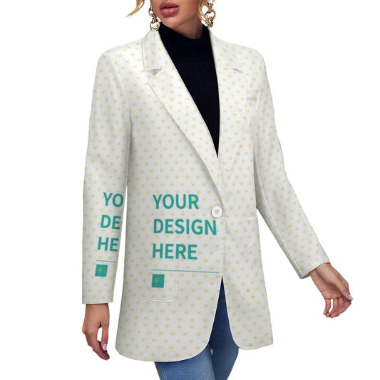 Customizable women's casual blazer with heart pattern; features "YOUR DESIGN HERE" for personalized design at MyArtsyGift.