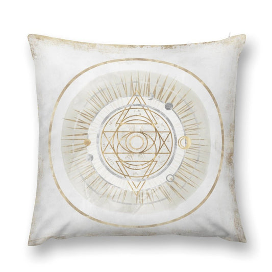 White plush pillow cover with golden geometric design, perfect for sofa and living room.