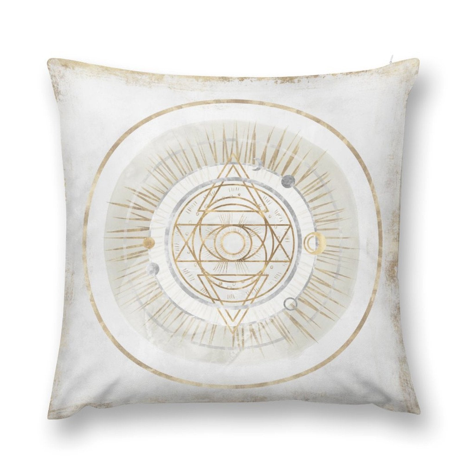 White plush pillow cover with gold and silver geometric art design for sofa, couch, or living room